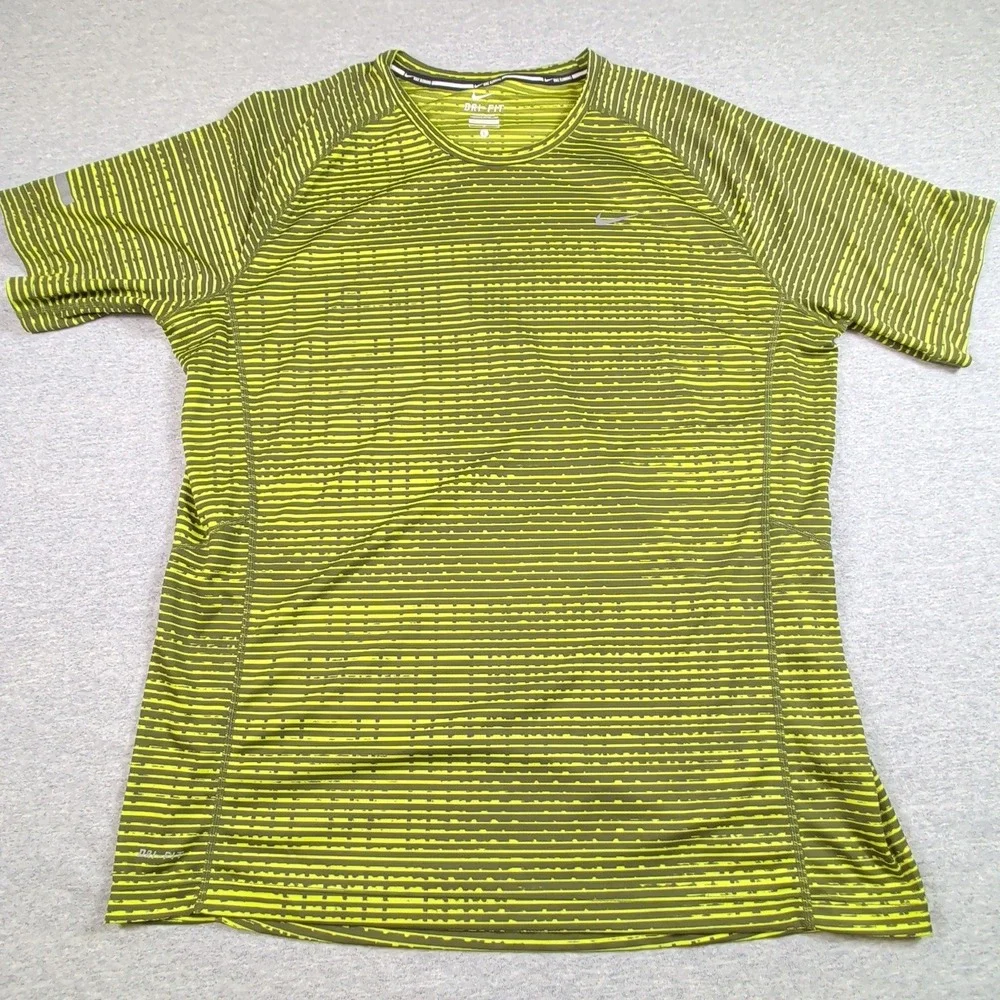 Nike Miler Running Shirt Mens Large Lime Green Striped Dri-FIT 619393-367